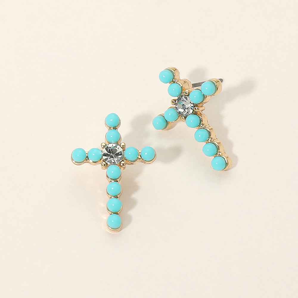Madeline Love Gold, Turquoise Rhinestone Center Beaded Cross Stud Earrings