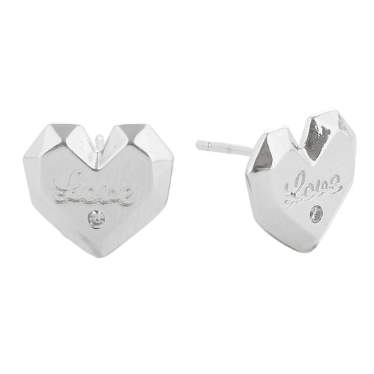 White Gold Dipped LOVE Message CZ Stone Paved Stud Earrings