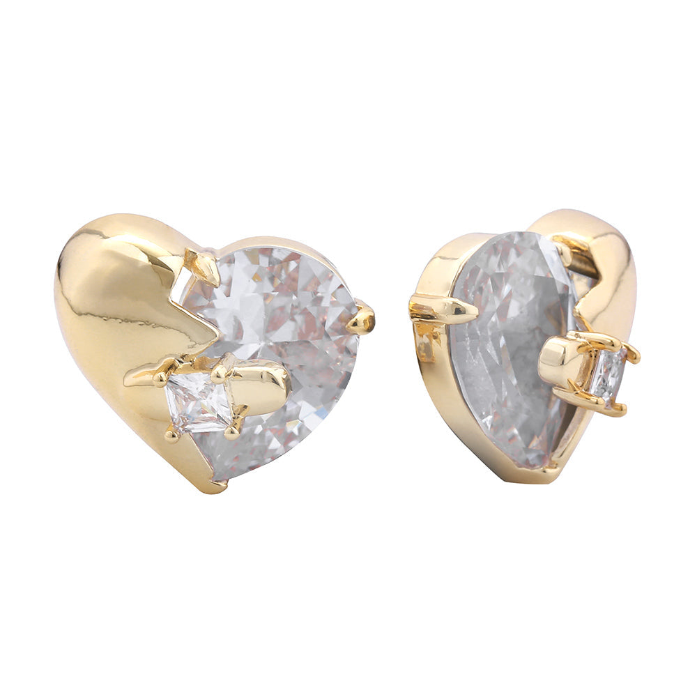 14K Gold Dipped Mystic Heart CZ  Stone Paved Stud Earrings