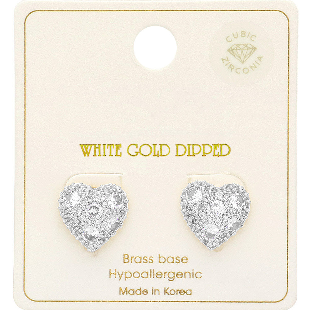 White Gold Dipped CZ Stone Paved Heart Stud Earrings