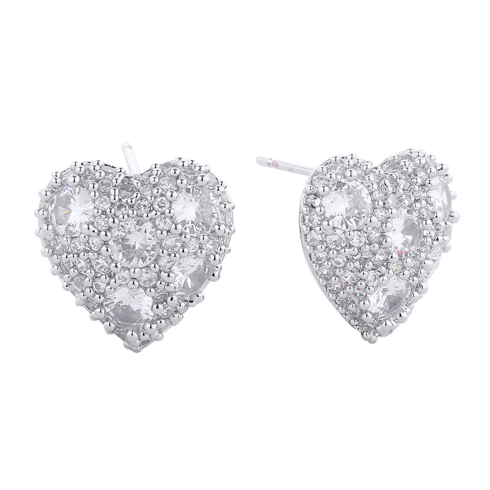 White Gold Dipped CZ Stone Paved Heart Stud Earrings