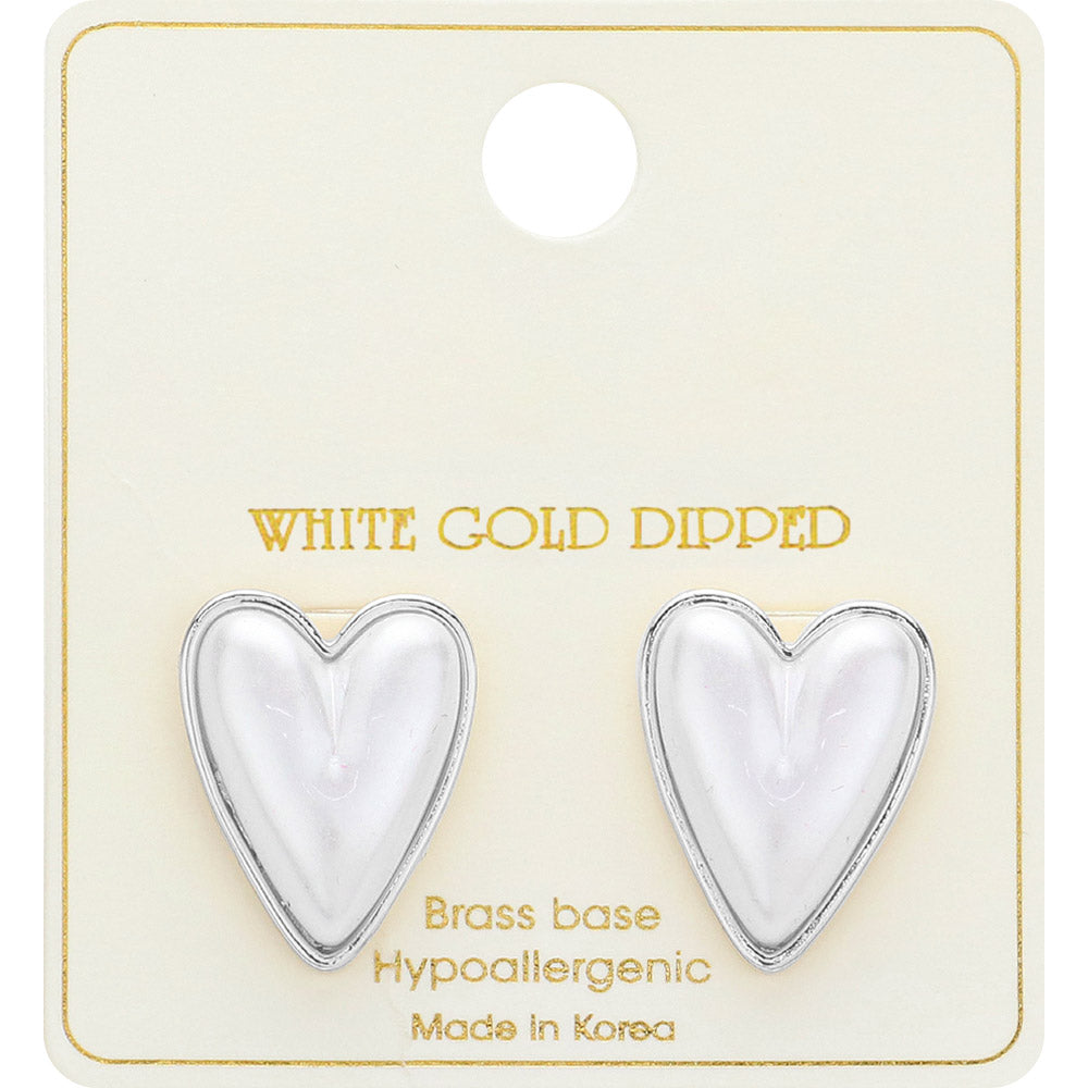 White Gold Dipped  Pearl Heart Stud Earrings