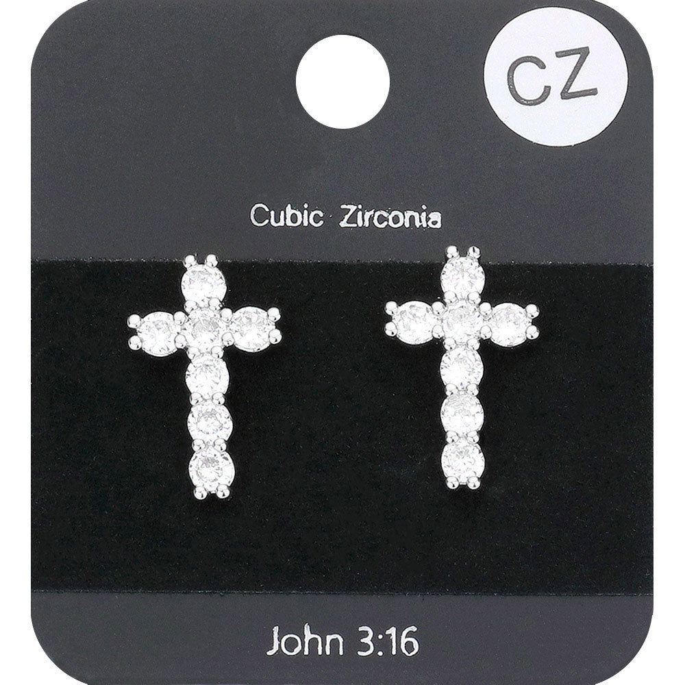 Madeline Love Clear, Rhodium CZ Stone Cross Stud Earrings