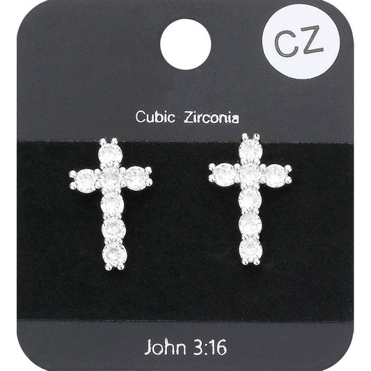 Madeline Love Clear, Rhodium CZ Stone Cross Stud Earrings