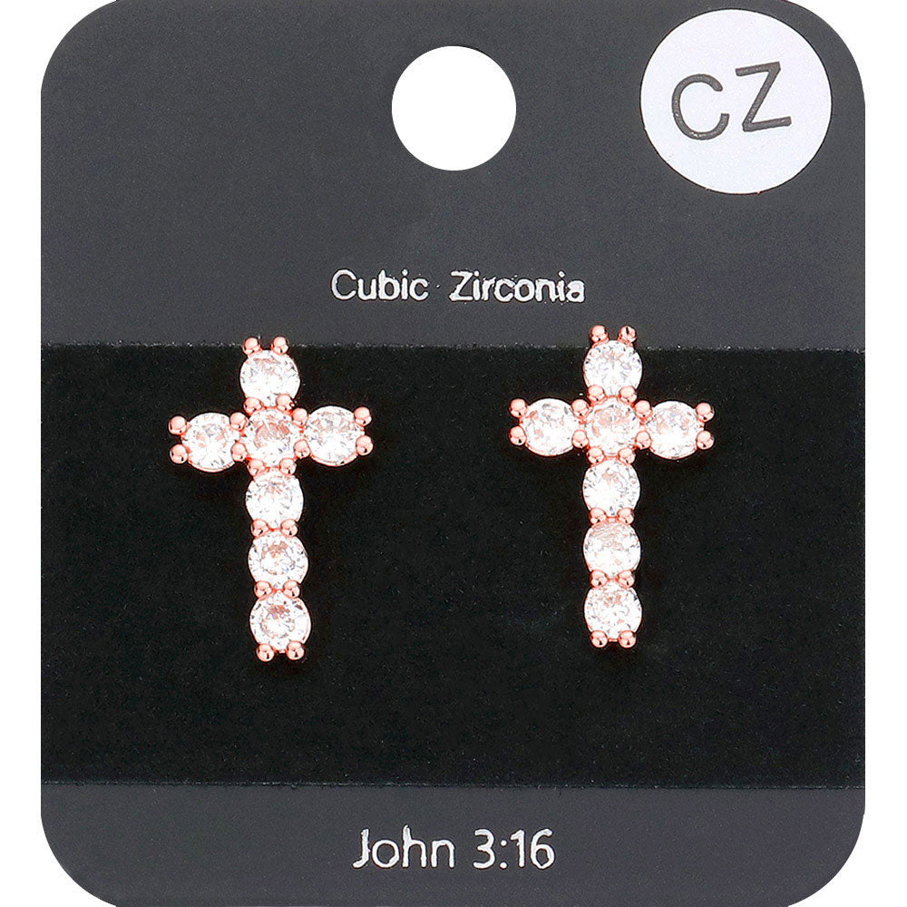 Madeline Love Clear, Rose Gold CZ Stone Cross Stud Earrings