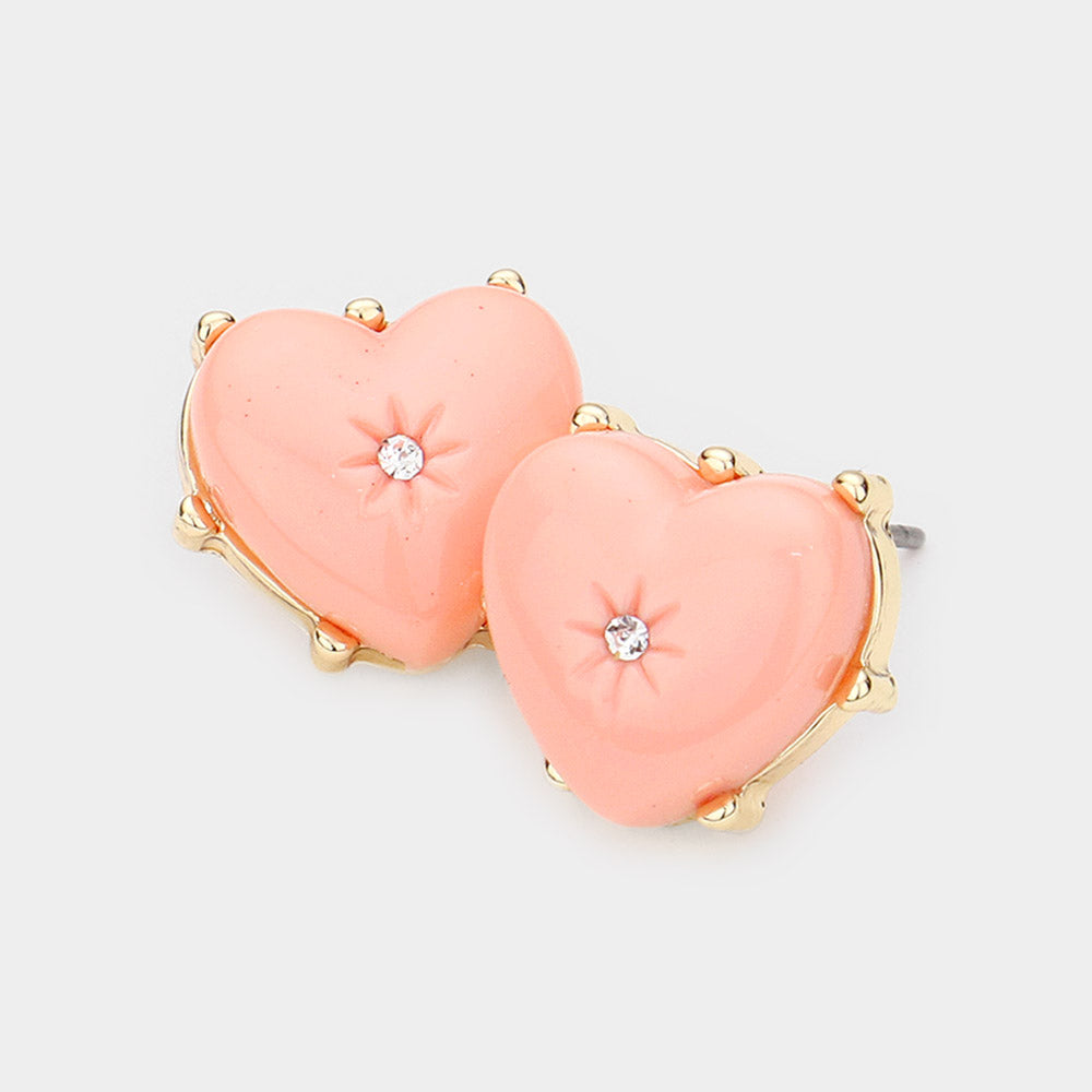 Madeline Love Peach Rhinestone Centered Resin Heart Stud Earrings