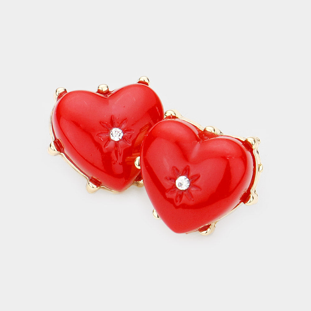 Madeline Love Red Rhinestone Centered Resin Heart Stud Earrings
