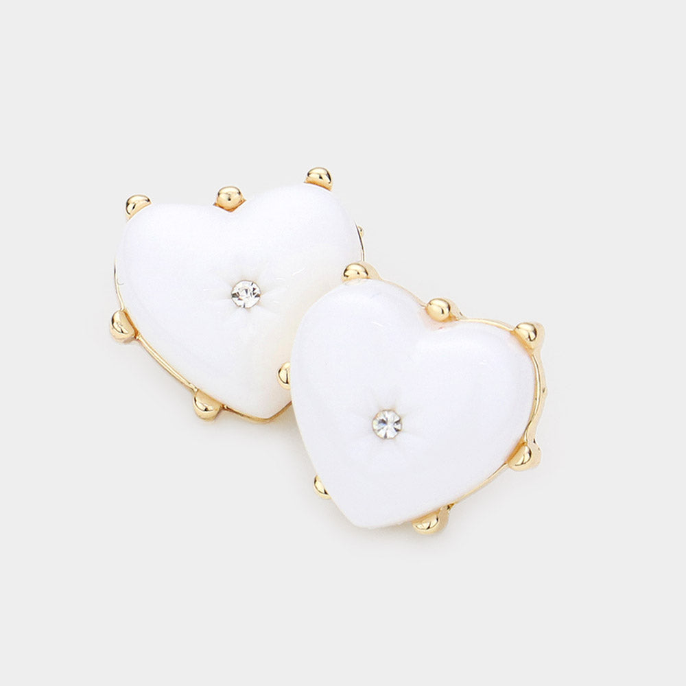 Madeline Love White Rhinestone Centered Resin Heart Stud Earrings