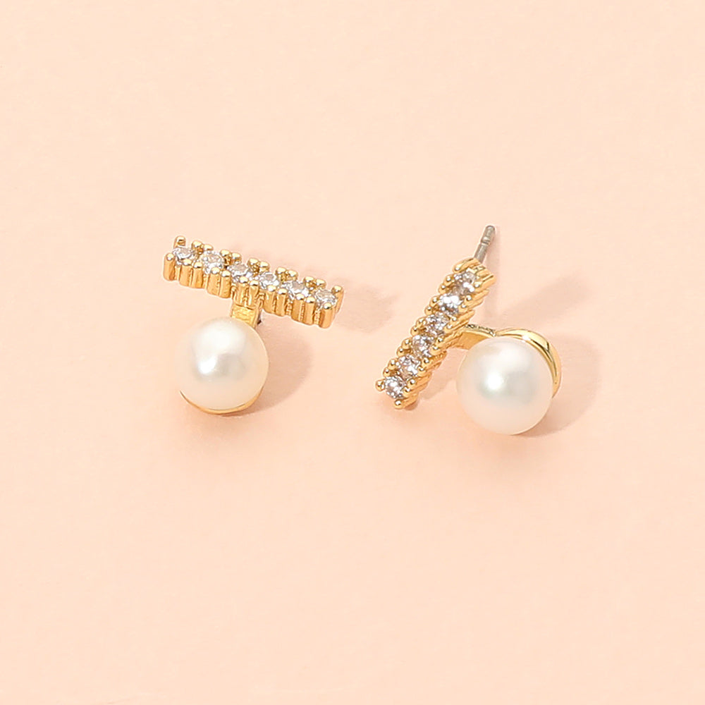Madeline Love Cream, Gold 18K Gold Dipped Rhinestone Pave Bar Freshwater Pearl Stud Earrings