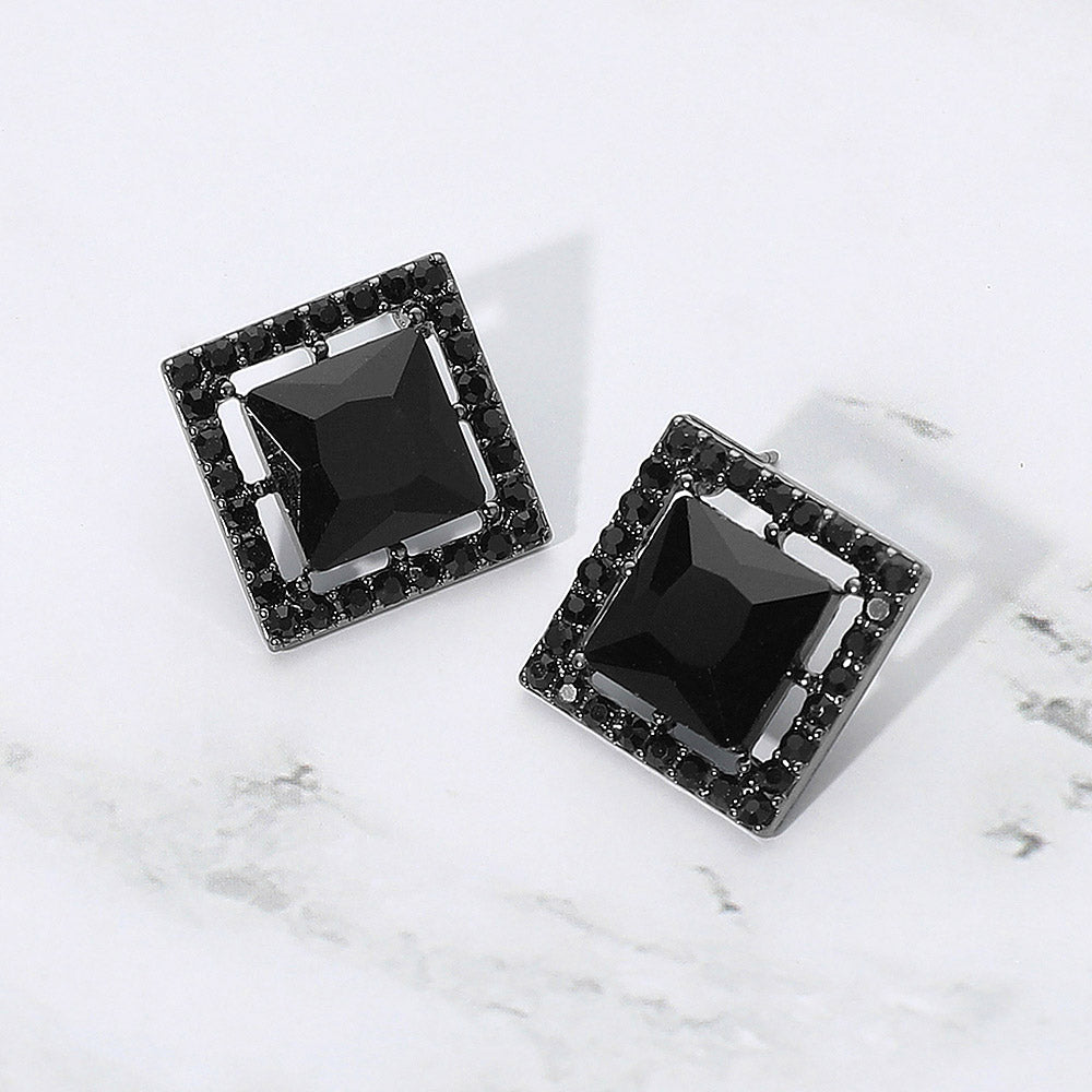 Madeline Love Black, Jet Black Square Cut Gemstone Framed Evening Stud Earrings
