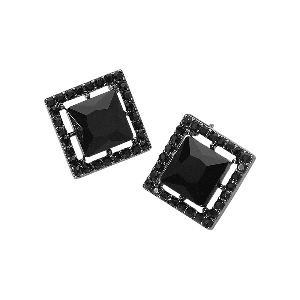 Madeline Love Black, Jet Black Square Cut Gemstone Framed Evening Stud Earrings - desc
