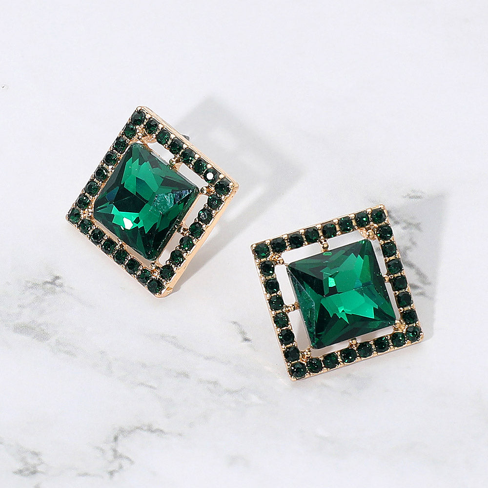 Madeline Love Gold, Green Square Cut Gemstone Framed Evening Stud Earrings