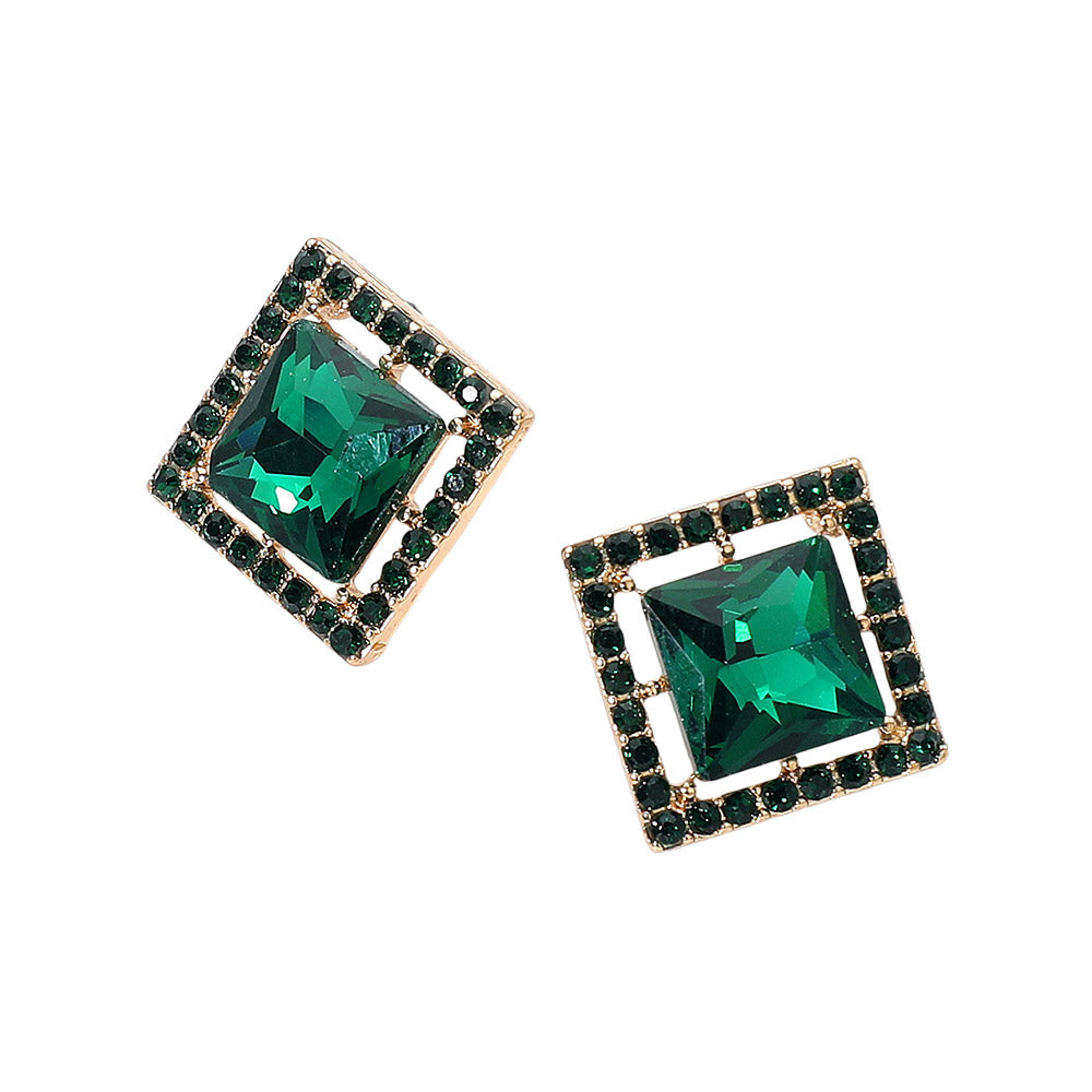 Madeline Love Gold, Green Square Cut Gemstone Framed Evening Stud Earrings - desc
