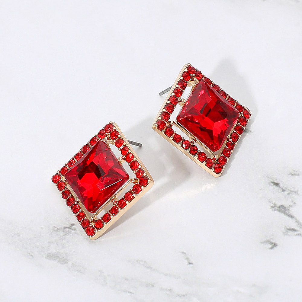 Madeline Love Gold, Red Square Cut Gemstone Framed Evening Stud Earrings