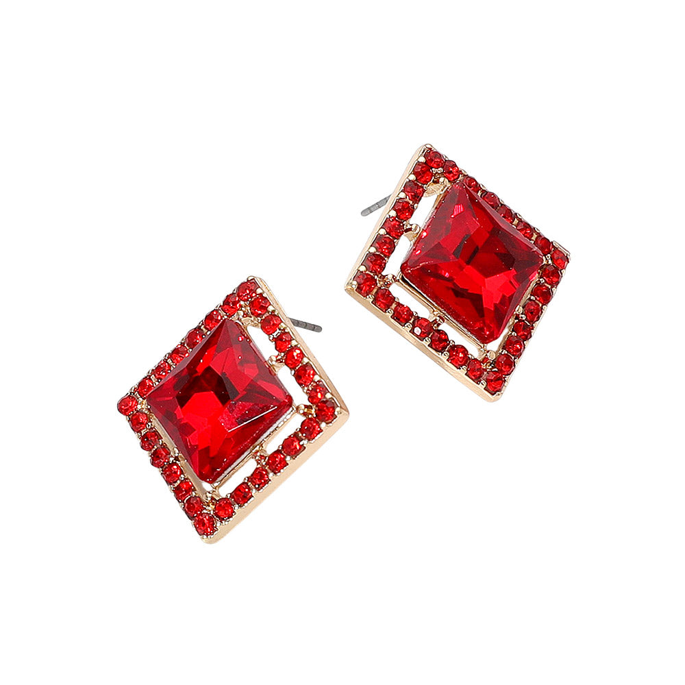 Madeline Love Gold, Red Square Cut Gemstone Framed Evening Stud Earrings - desc