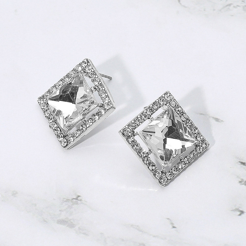 Madeline Love Clear, Rhodium Square Cut Gemstone Framed Evening Stud Earrings