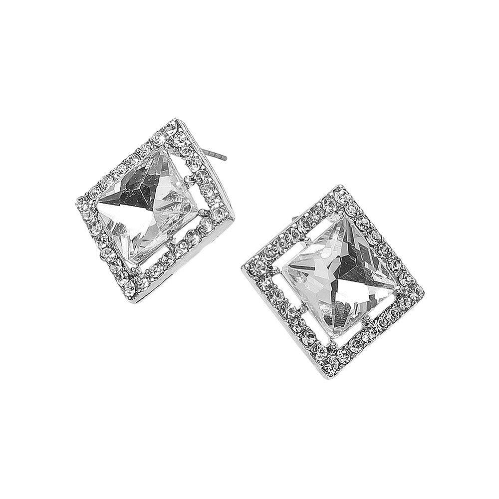 Madeline Love Clear, Rhodium Square Cut Gemstone Framed Evening Stud Earrings - desc