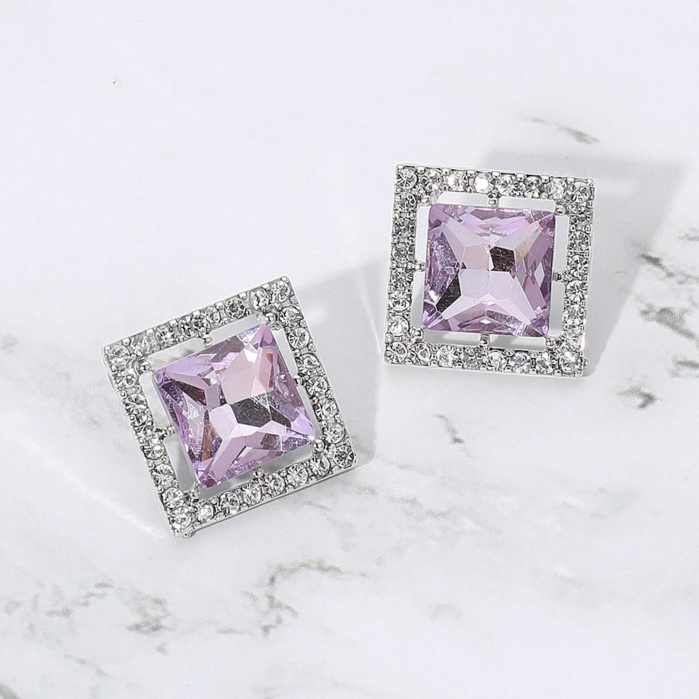Madeline Love Lavender, Rhodium Square Cut Gemstone Framed Evening Stud Earrings