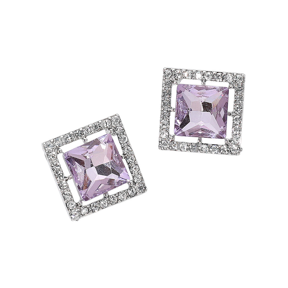 Madeline Love Lavender, Rhodium Square Cut Gemstone Framed Evening Stud Earrings - desc