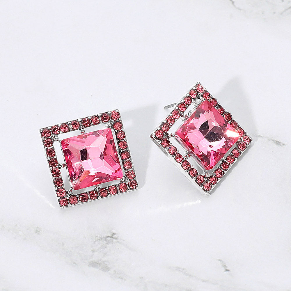Madeline Love Pink, Rhodium Square Cut Gemstone Framed Evening Stud Earrings