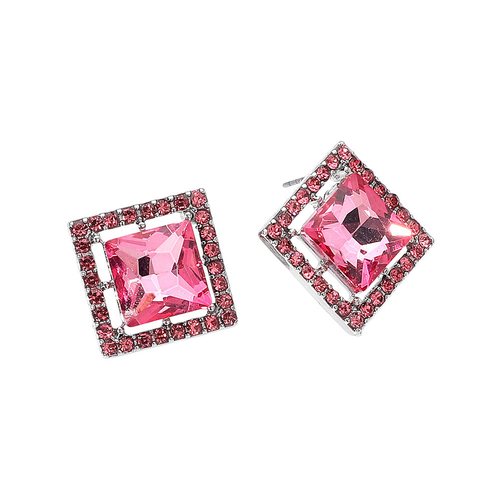 Madeline Love Pink, Rhodium Square Cut Gemstone Framed Evening Stud Earrings - desc