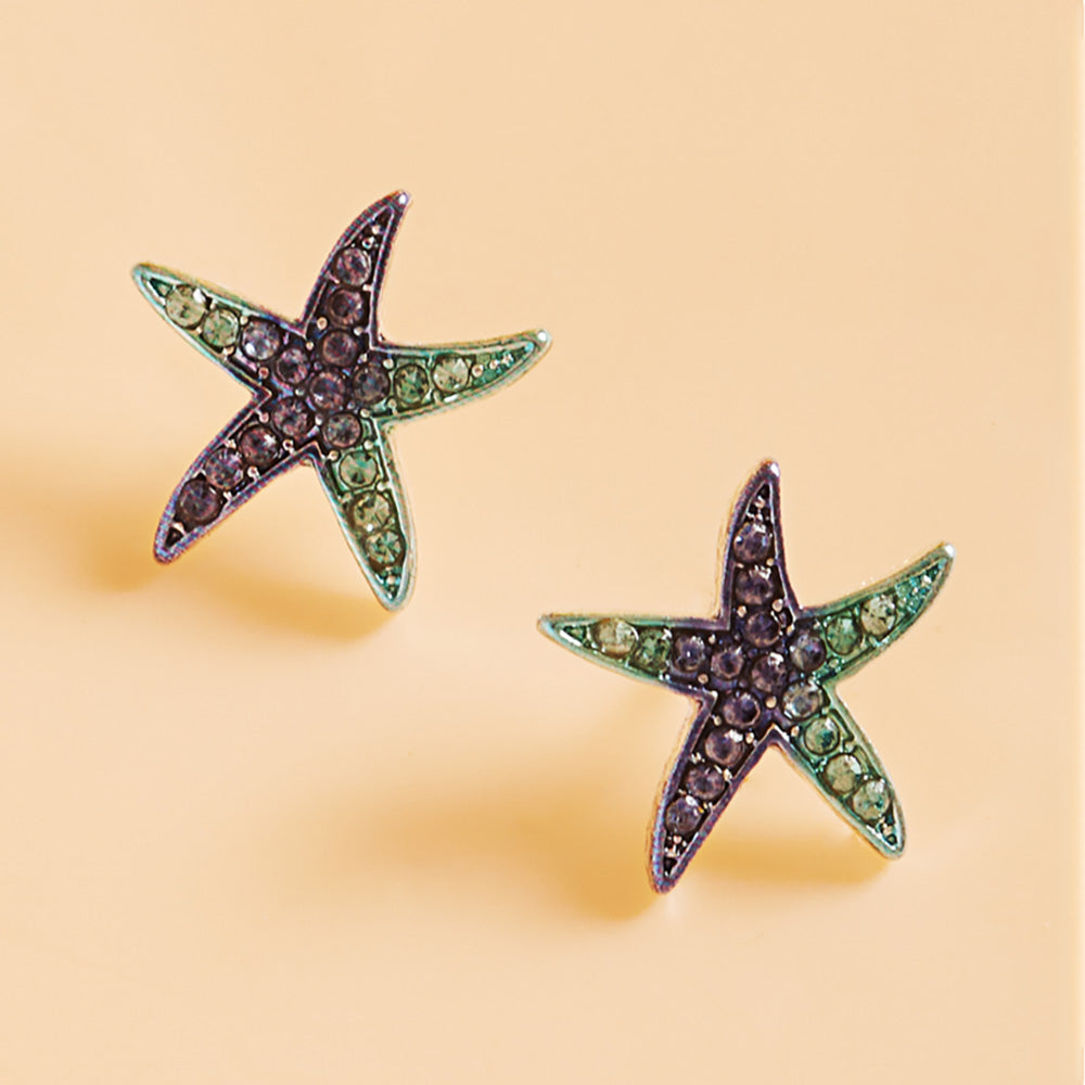 Blue, Silver Ombre Stone Paved Starfish Stud Earrings