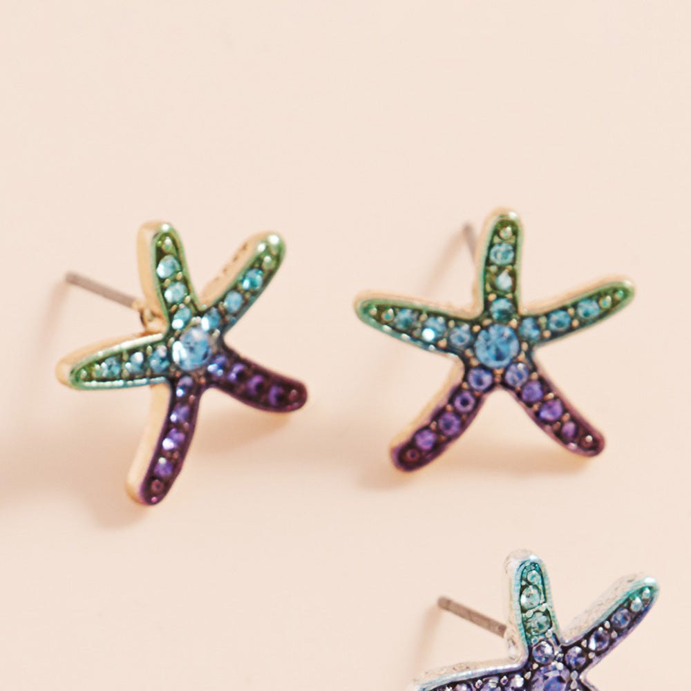Gold, Multi Stone Paved Colored Metal Starfish Stud Earrings