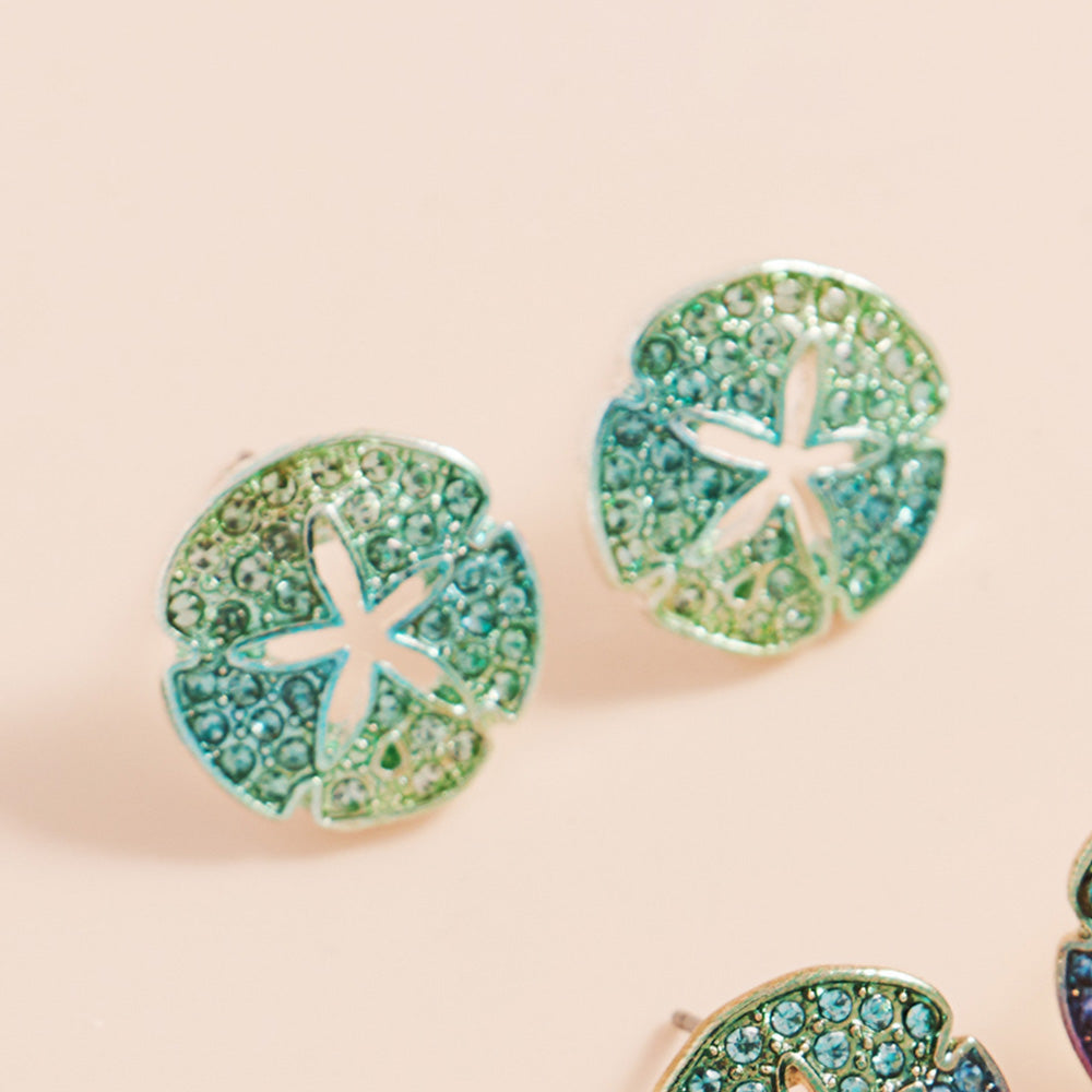 Mint, Silver Stone Paved Colored Metal Sand Dollar Stud Earrings