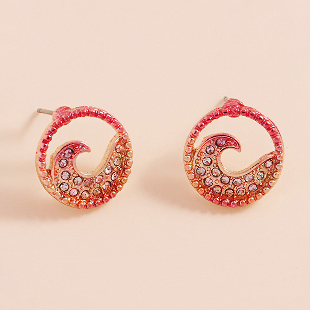 Madeline Love Gold, Pink Stone Paved Colored Metal Wave Stud Earrings