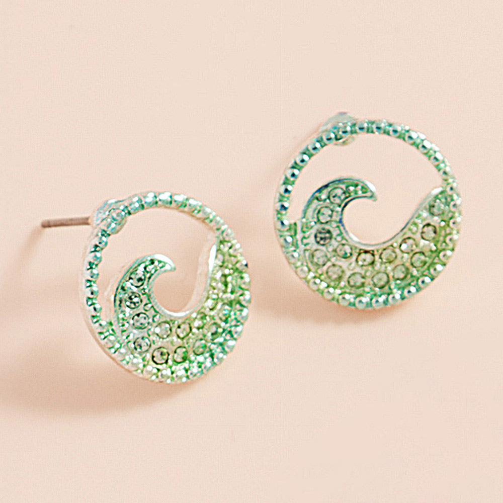 Madeline Love Mint, Silver Stone Paved Colored Metal Wave Stud Earrings