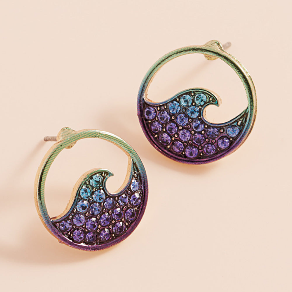 Madeline Love Gold, Multi Stone Paved Colored Metal Wave Stud Earrings