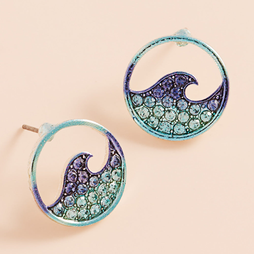 Madeline Love Blue, Silver Stone Paved Colored Metal Wave Stud Earrings