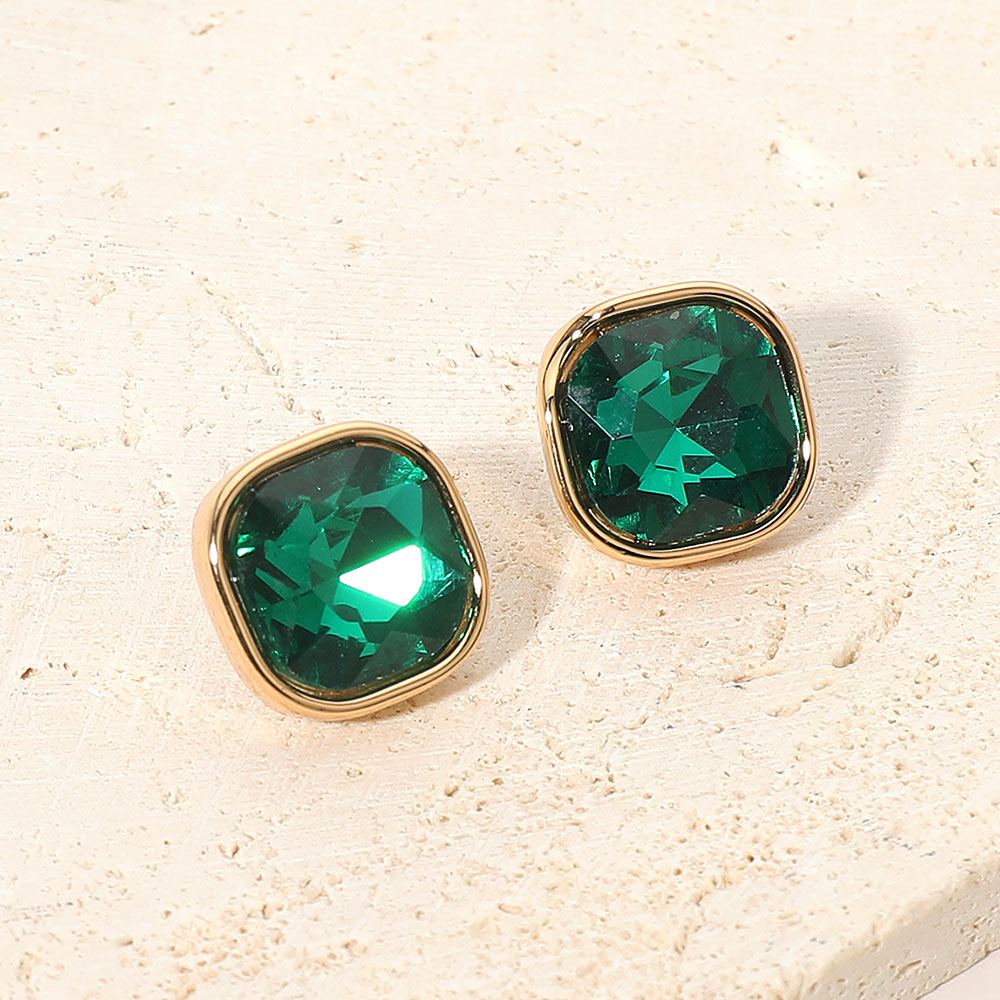 Madeline Love Emerald, Gold Square Cut Gem Evening Stud Earrings
