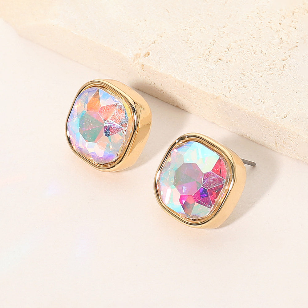 Madeline Love AB, Gold Square Cut Gem Evening Stud Earrings