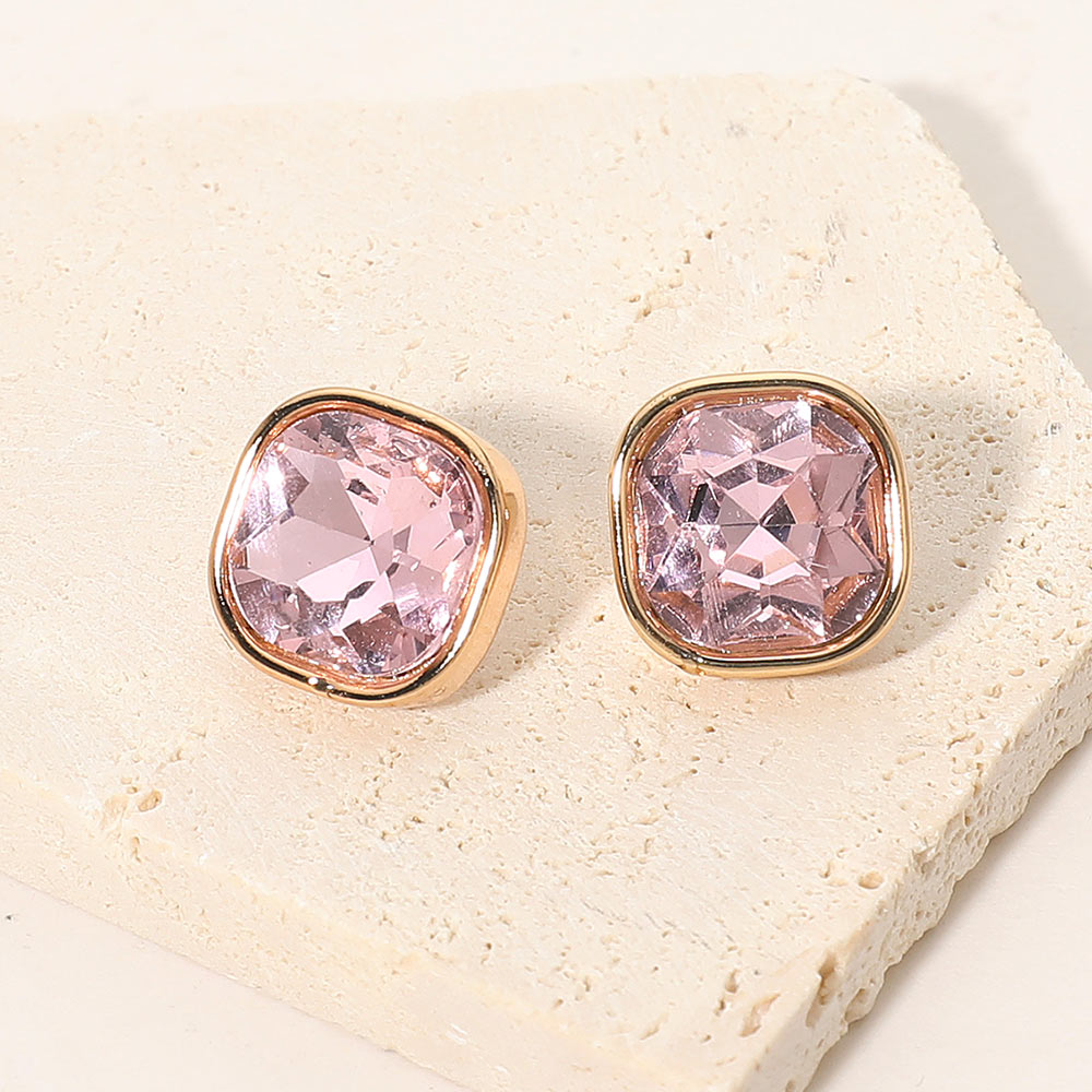 Madeline Love Gold, Pink Square Cut Gem Evening Stud Earrings
