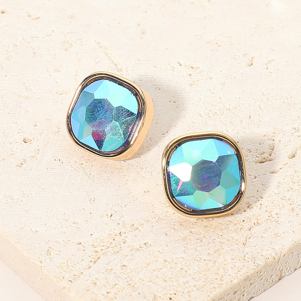 Madeline Love AB, Gold, Sapphire Square Cut Gem Evening Stud Earrings