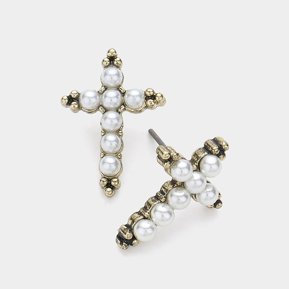 Madeline Love Antique Gold Pearl Cross Stud Earrings