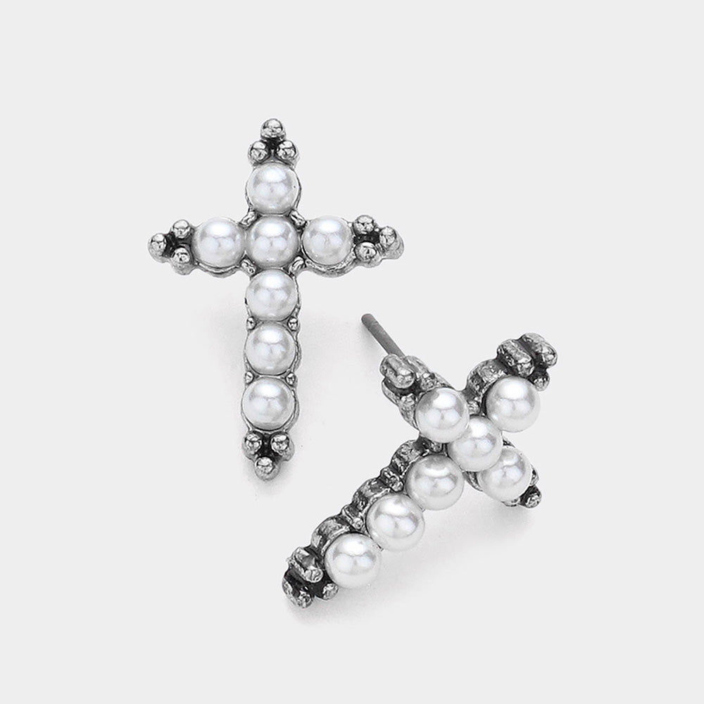 Madeline Love Antique Silver Pearl Cross Stud Earrings