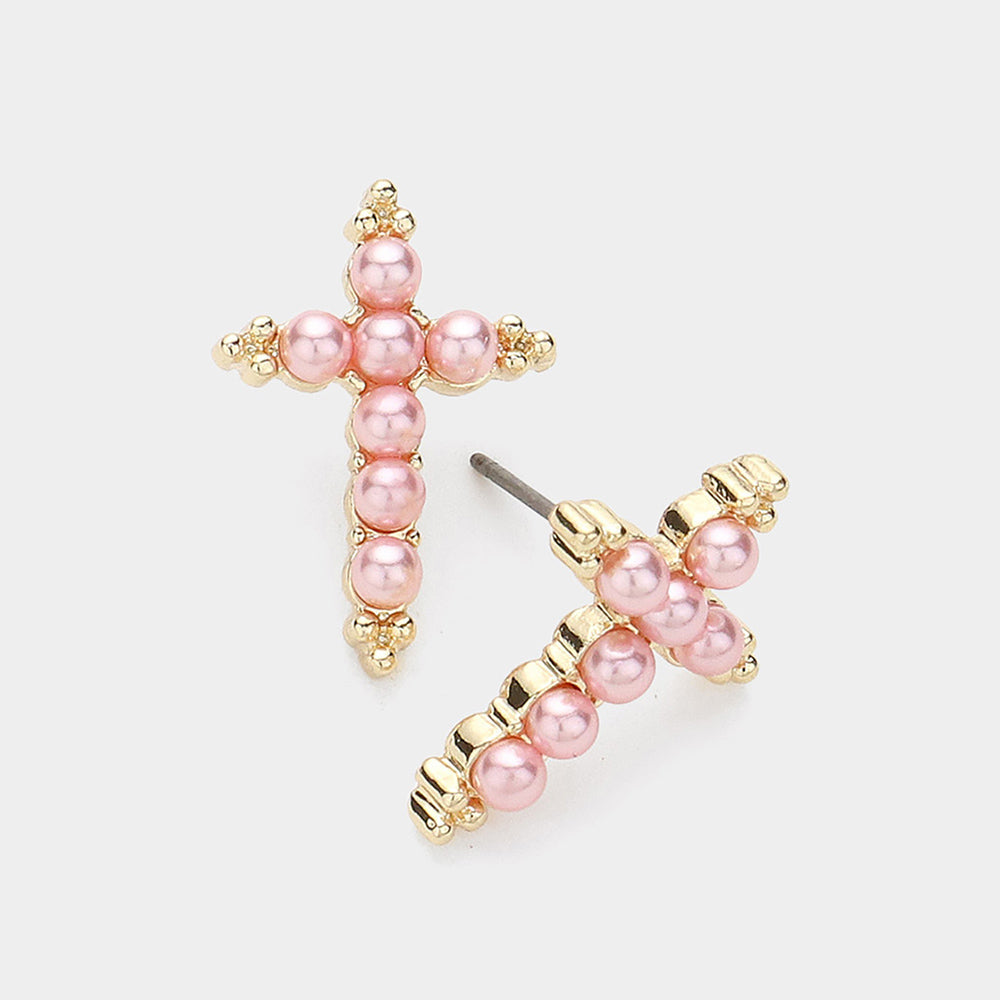 Madeline Love Gold, Pink Pearl Cross Stud Earrings