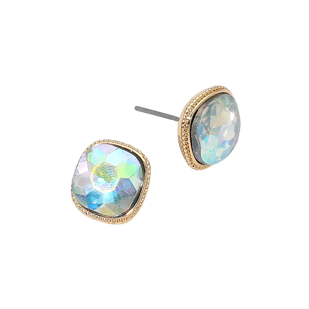 Madeline Love AB Cushion-cut Faceted Iridescent Stone Stud Earrings - desc