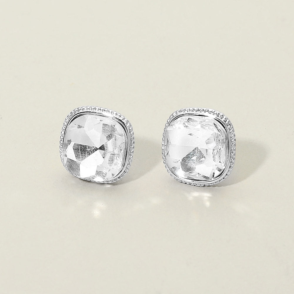 Madeline Love Clear, Silver Cushion-cut Faceted Iridescent Stone Stud Earrings