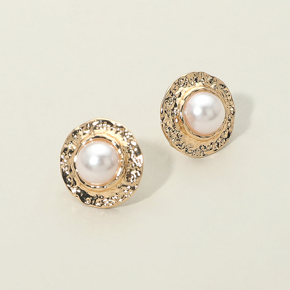 Madeline Love Gold Pearl Accent Textured Metal Frame Stud Earrings
