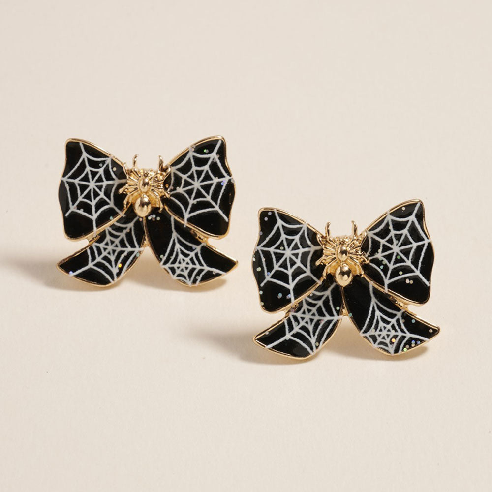 Jet Black Halloween Spider Web Bow Stud Earrings