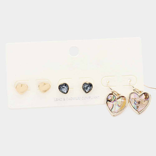 3Pairs - Metal Stone Abalone Heart Earrings