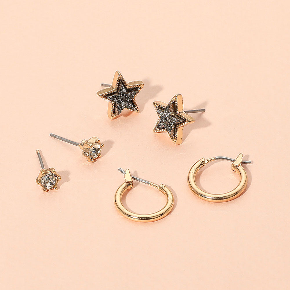 Madeline Love Hematite 3Pairs - Brass Metal Round Stone Druzy Star Hoop Earring Set - Earrings