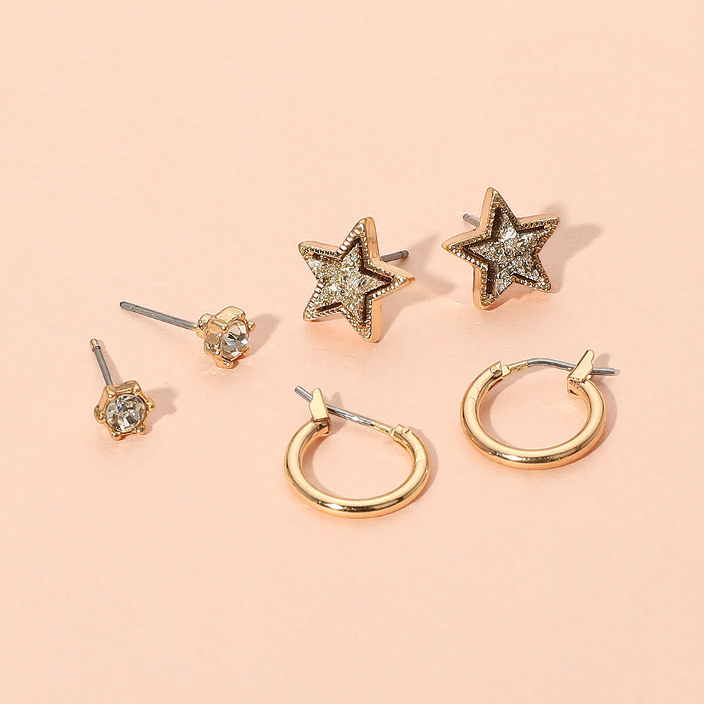 Madeline Love Rose Gold 3Pairs - Brass Metal Round Stone Druzy Star Hoop Earring Set - Earrings