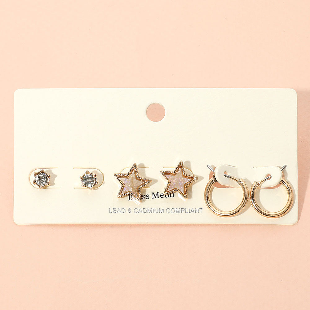 Madeline Love White 3Pairs - Brass Metal Round Stone Druzy Star Hoop Earring Set - Earrings