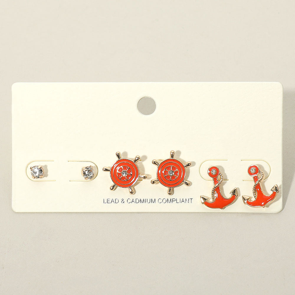 Madeline Love Coral 3PCS - Stone Embellished Enamel Ship Wheel Anchor Stud Earring Set - Earrings