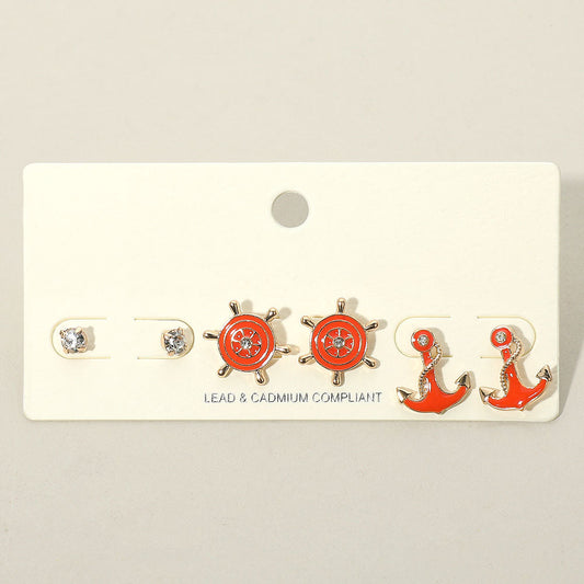 Madeline Love Coral 3PCS - Stone Embellished Enamel Ship Wheel Anchor Stud Earring Set - Earrings