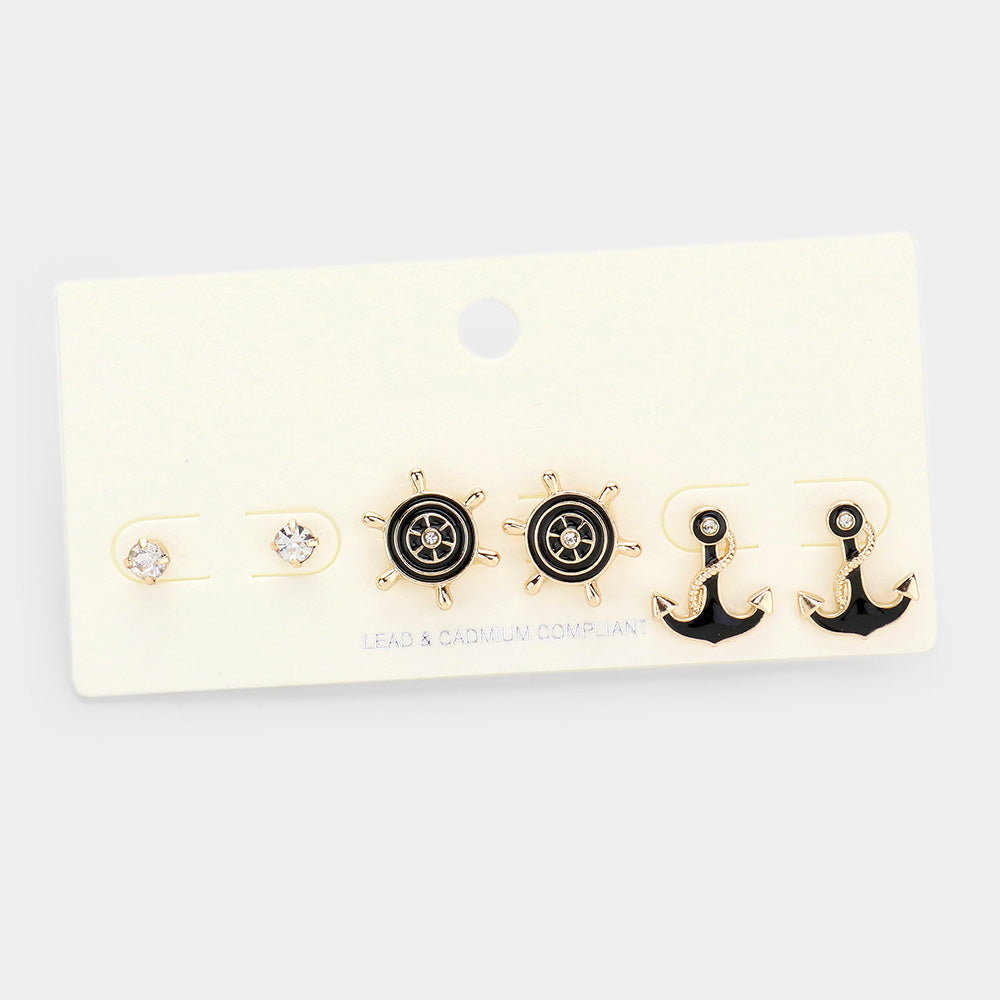 Jet Black 3PCS - Stone Embellished Enamel Ship Wheel Anchor Stud Earrings